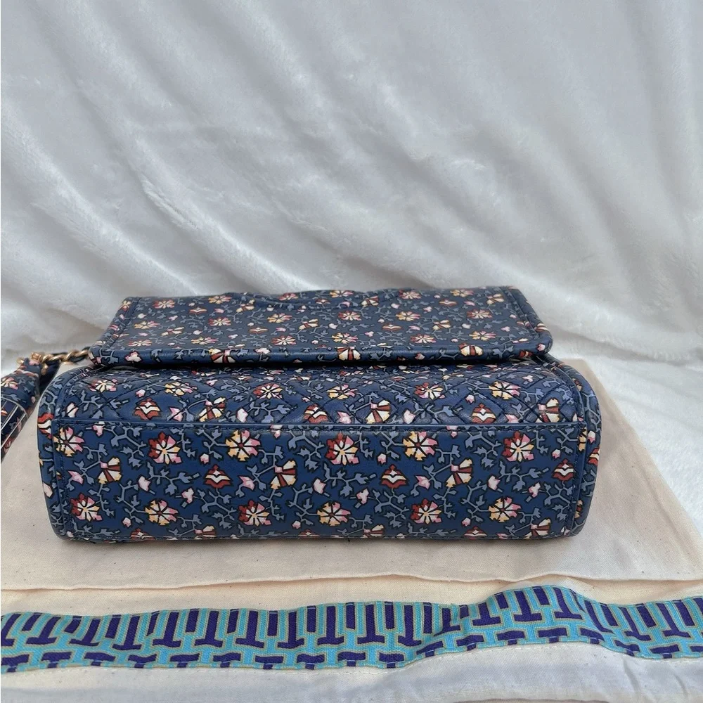 Tory Burch Navy Floral Quilted Crossbody Bag with Gold Chain